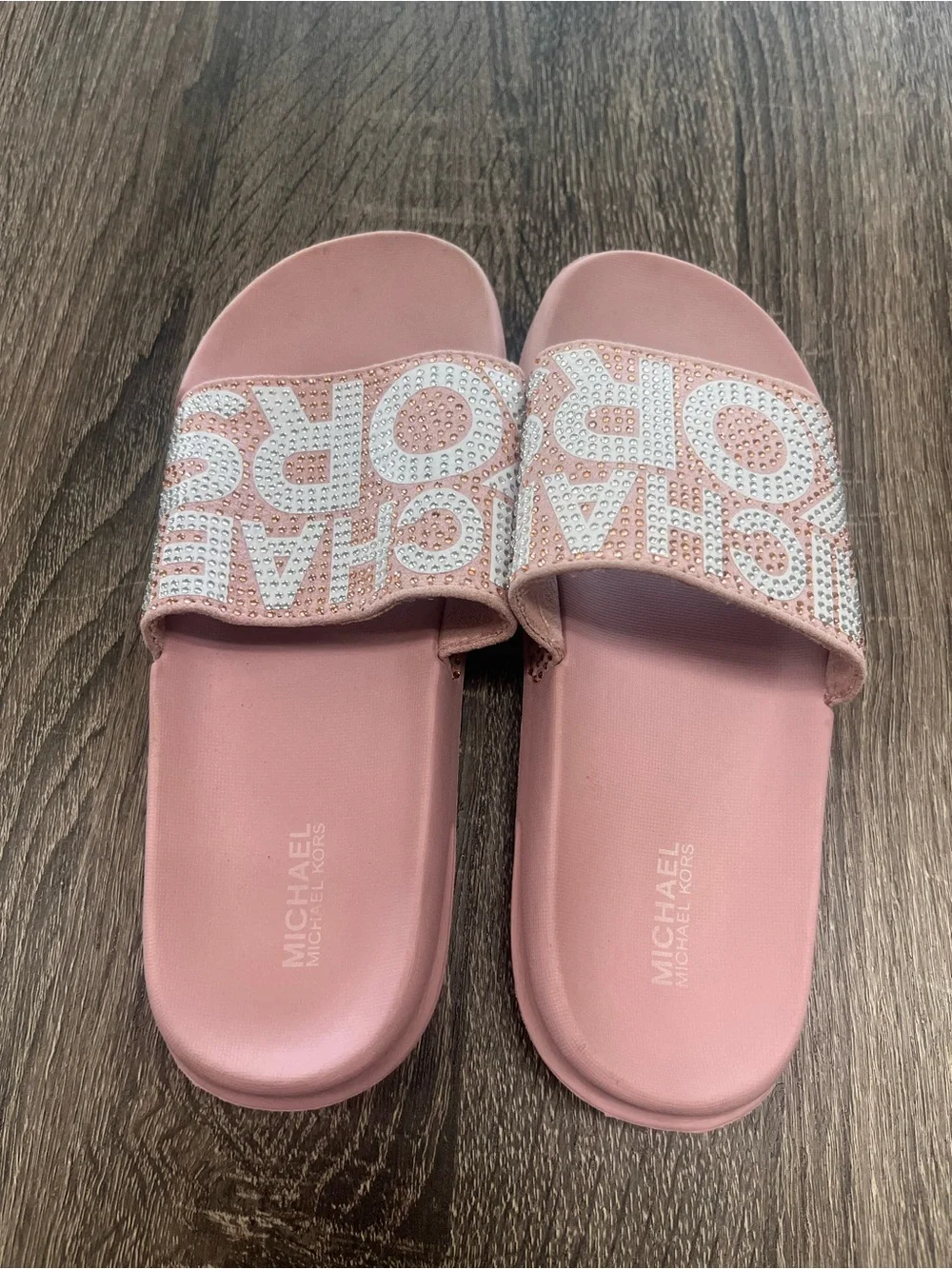 Michael Kors Blush Pink Crystal Logo Slide Sandals Girls Size 2